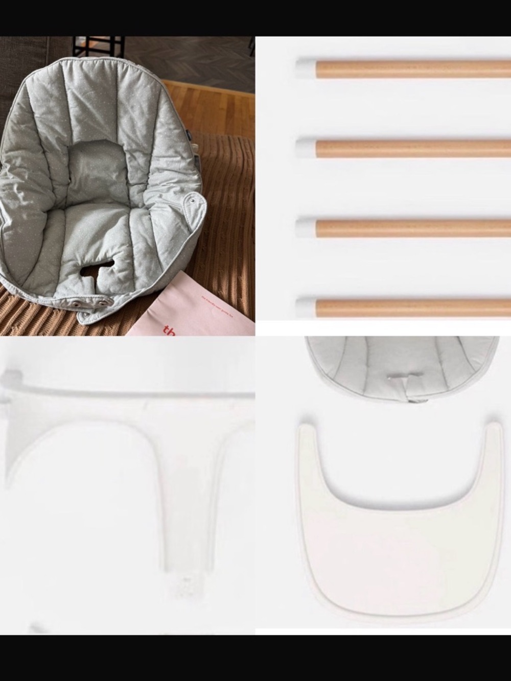 LALO: The highchair cushion, tray, straps and highchair legs